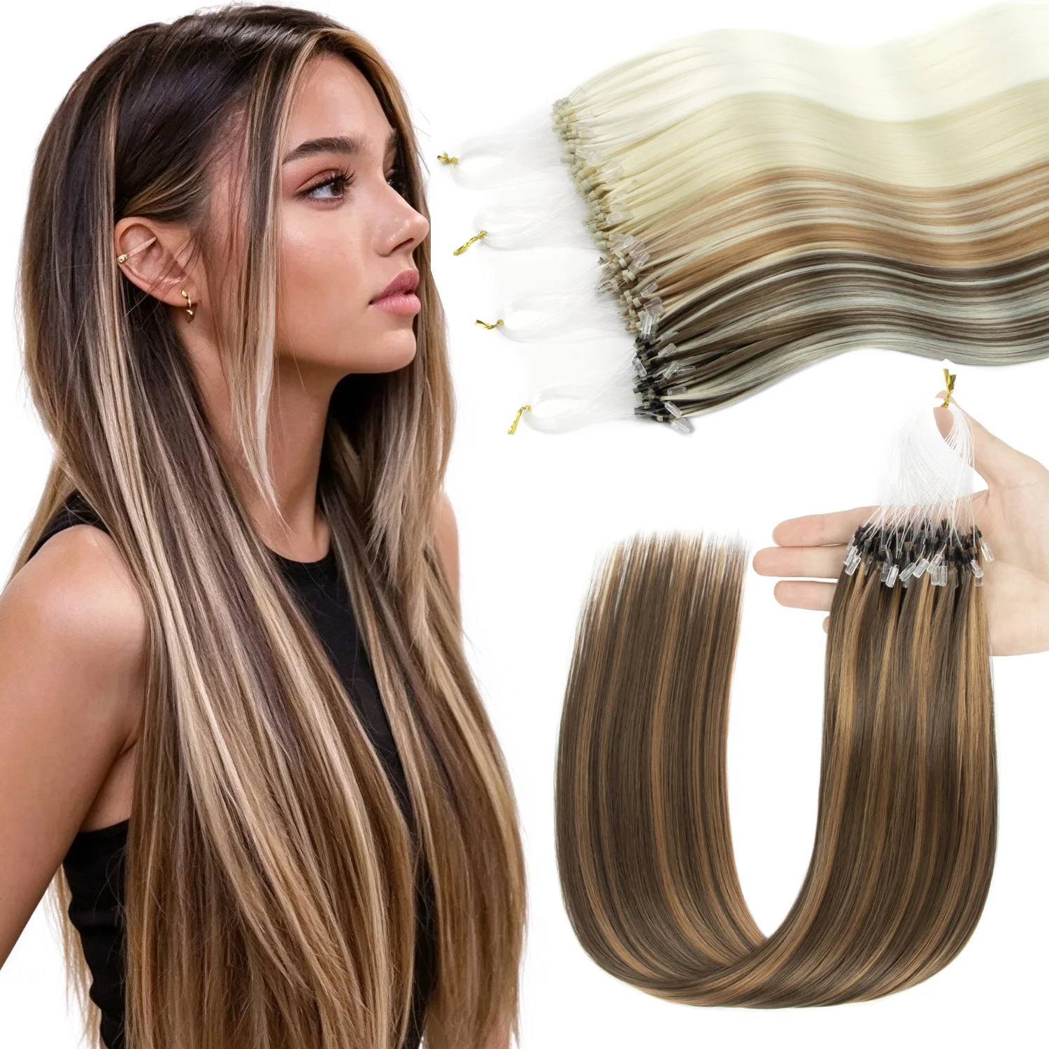 Micro Loop Ring Synthetic Hair Extensions 20 Inches Straight Loop Link Salon Hair Light Weight 50G Suitable 100Strands/Pack