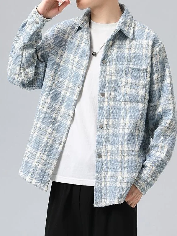  Plaid Long Sleeve Men's Shirt Jacket Loose Fit Casual Outerwear Fashionable Spring Autumn Outfit with Pocket Design