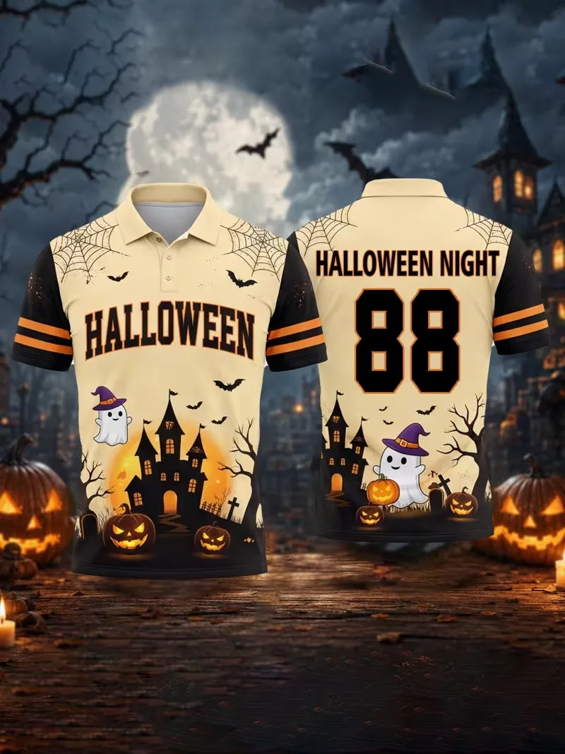 Men Halloween Pumpkin King Polo Shirt Crown Jack‑O‑Lantern Raven Haunted Castle Fire Flame Short Sleeve polo Tops
