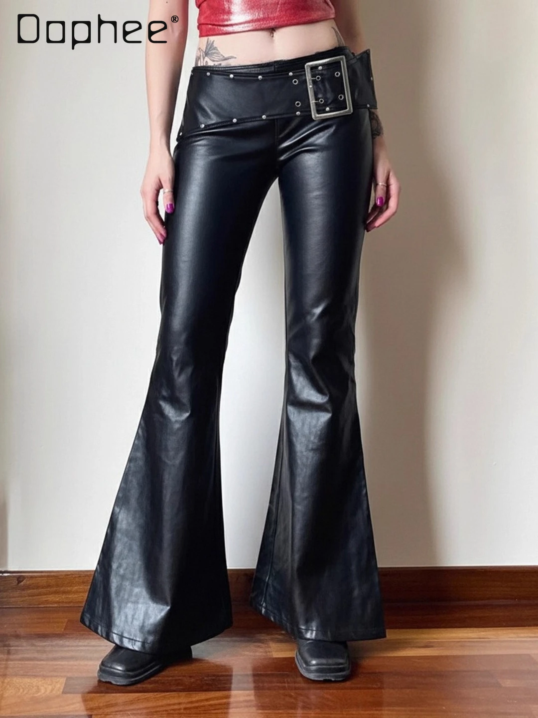 

Street Sexy Black Metal Buckle Belt Rivet Leather Pants Women Low Waist Slim Flared Pants Europe and America Long Pants Trendy