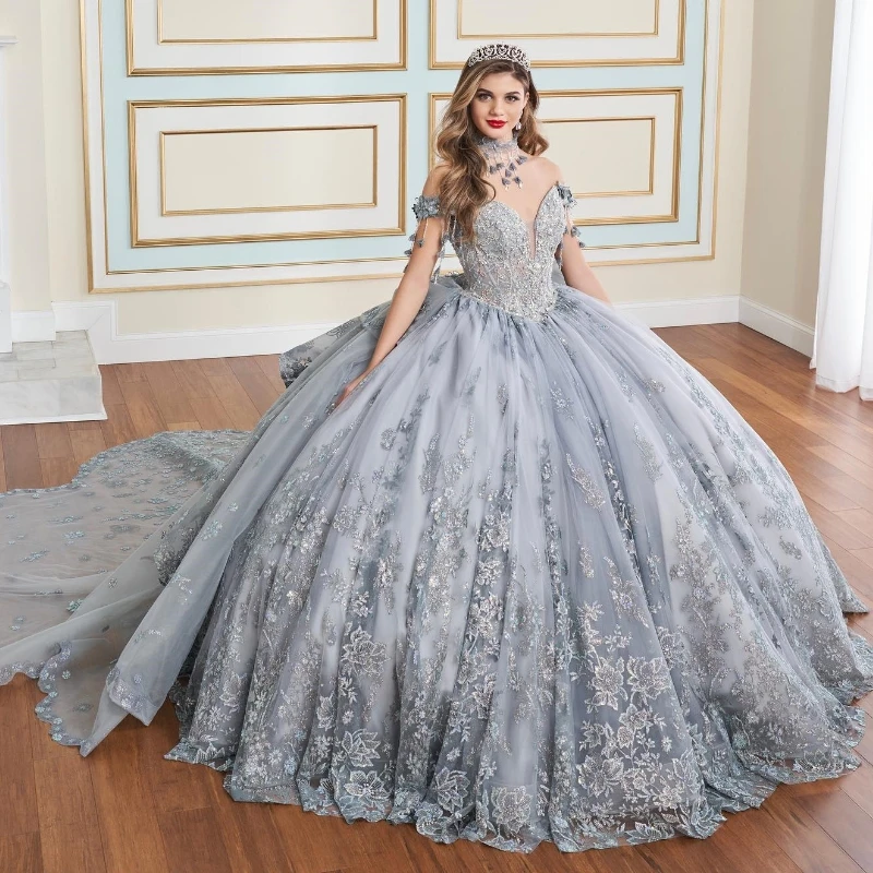 

Silvery Quinceanera Dresses Ball Gown Off The Shoulder Tulle Appliques Lace Beads Crystal Puffy Mexican Sweet 16 Dresses 15 Anos