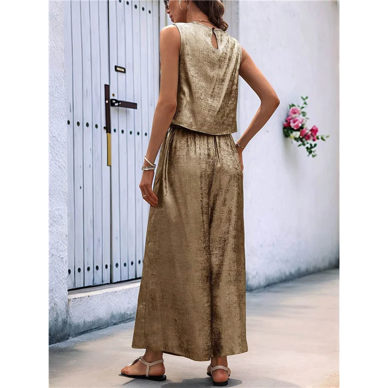 

ASDS-Women's Summer 2 Piece Outfits Set Round Neck Sleeveless Tank Crop Top Wide Leg Pants Set Pockets Jumpsuits