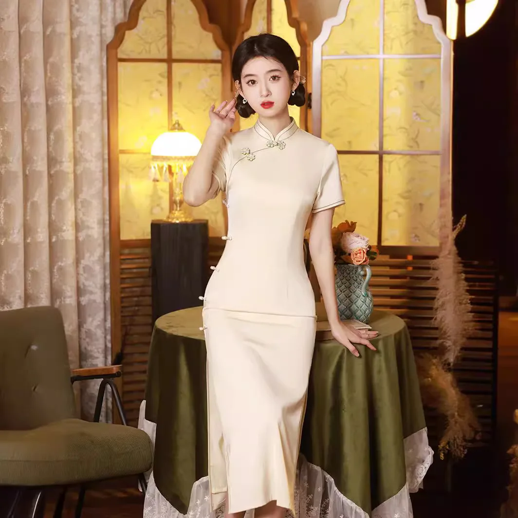 

2024 Spring/Summer New Improved Qipao New Chinese Youth Daily Beige Tassel Dress Women's Cheongsam Dress