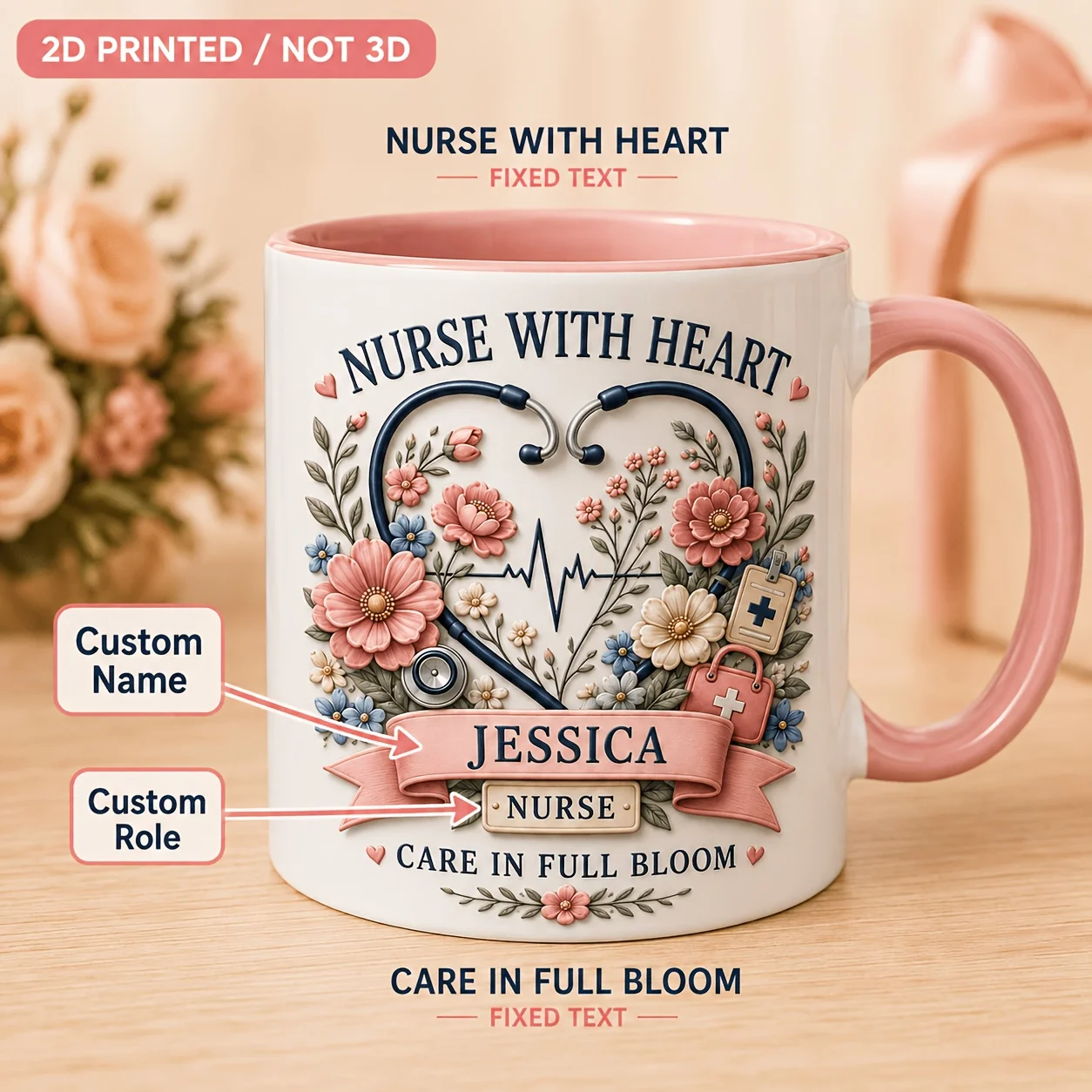 Personalized Floral Nurse Ceramic Mug 11oz Custom Name Title Stethoscope Heart Bouquet 2D Print Microwave Safe Gift 5 Colors