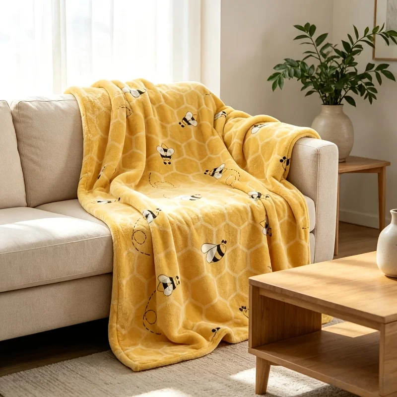 Decorative Yellow Bee Honeycomb Knit Fleece Throw Blanket for Sofa Couch Living Room Home Decor Cozy Gift