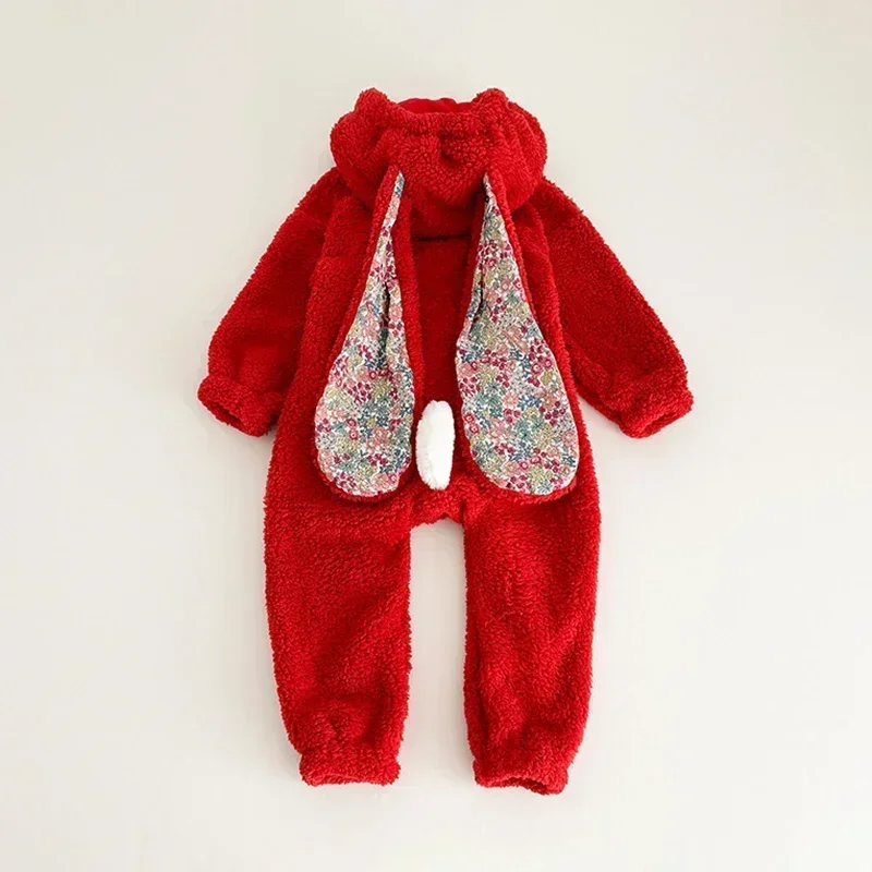 2024 Warm Fleece Baby Rabbit Romper for Winter Autumn Cute Long Sleeve Hooded Onepiece Pajamas Toddler Homewear Clothes