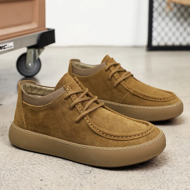 

New Style Men's Casual Shoes Cow Suede Leather Lace-up Men Comfortable Mid-top Driving Flats Mens Outdoor Oxfords Shoe