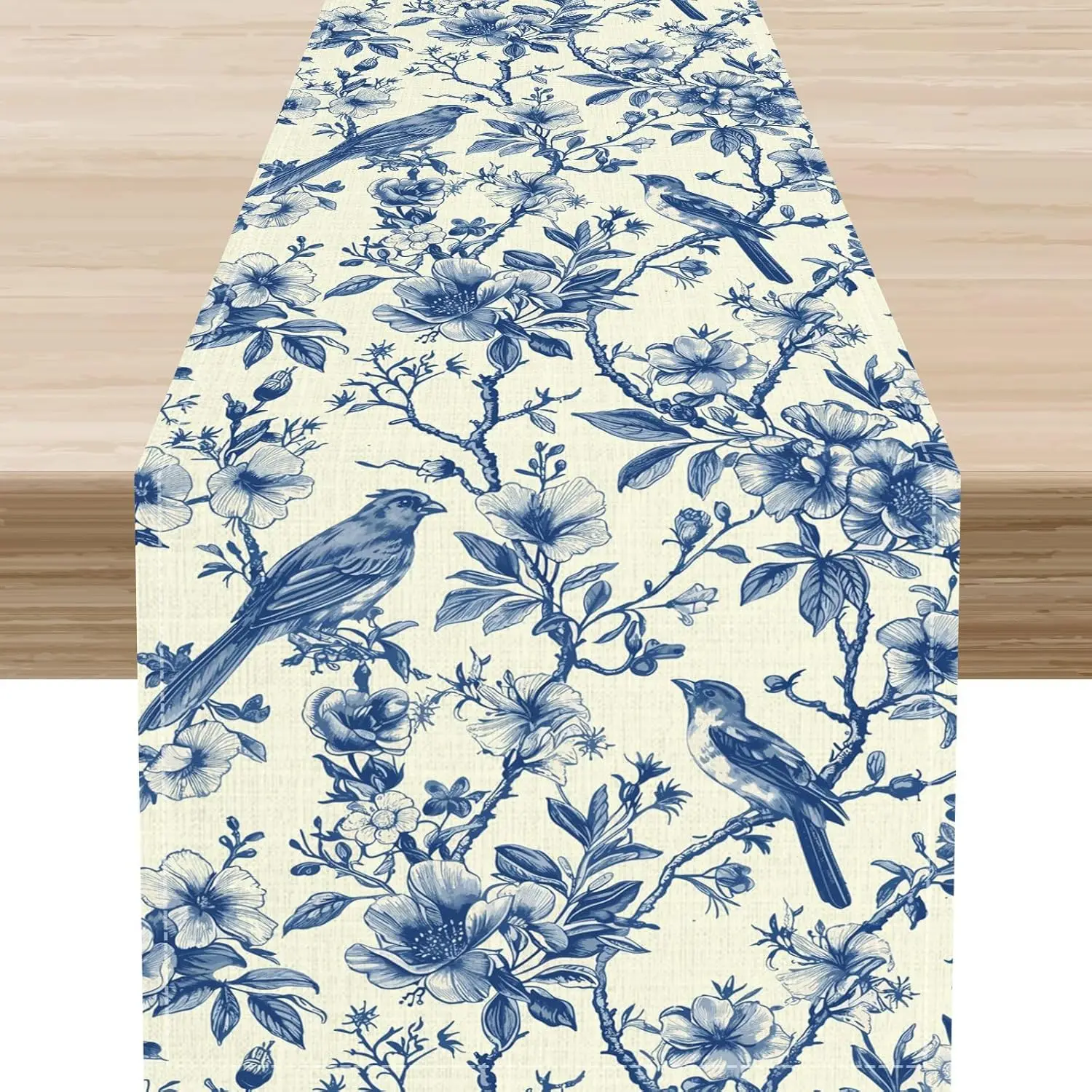 Blue Floral Birds Branches Linen Table Runner Dresser Scarf Decor Farmhouse Kitchen Dining Table Runner Holiday Party Decoration