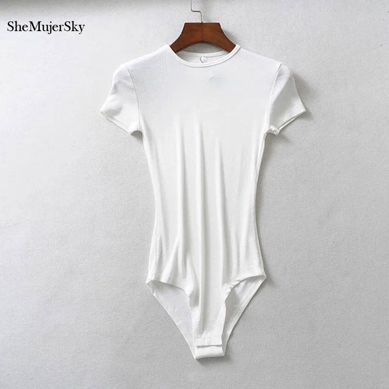 SheMujerSky O-neck Tops Bodysuit Women Elastic Short Sleeve Casual Female Bodysuits Summer Short Jumpsuit Clothes