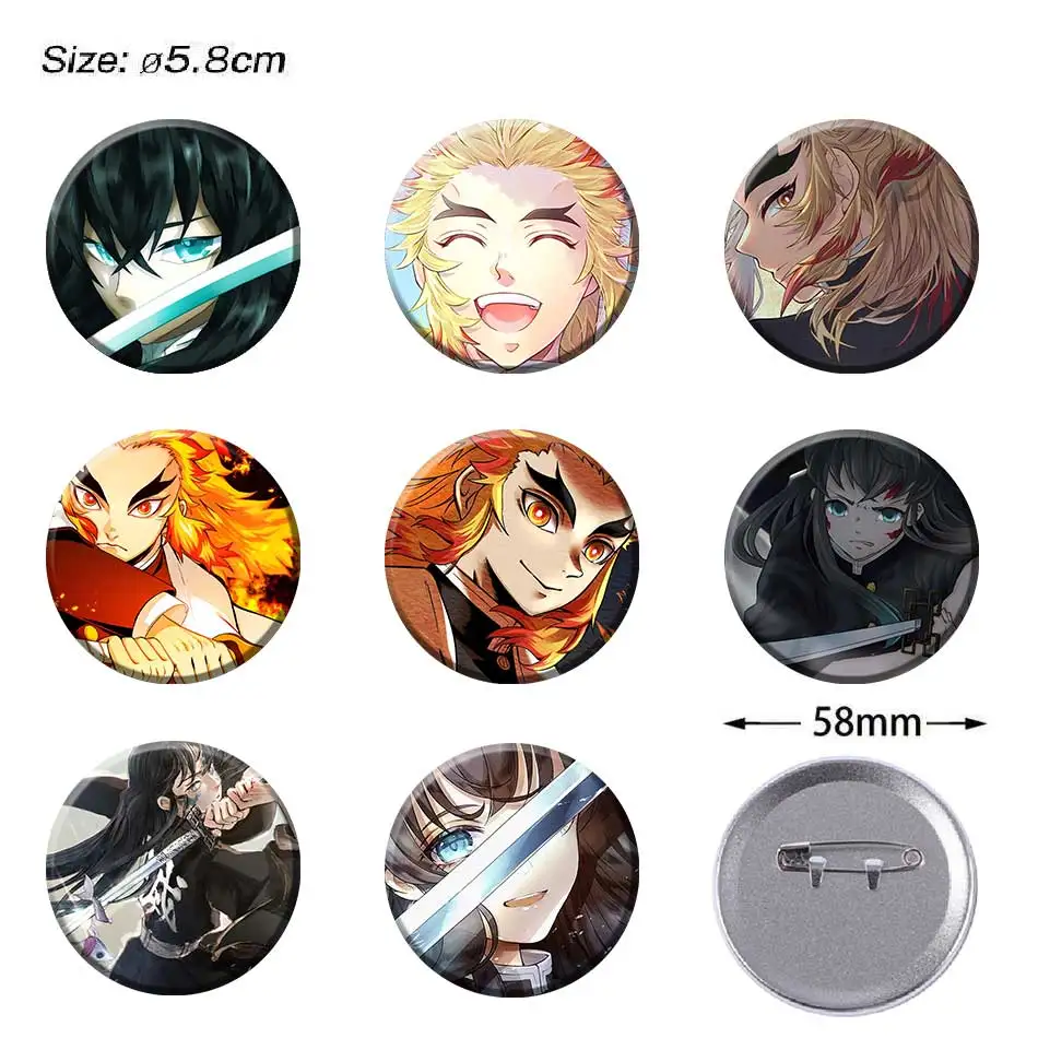 

58mm Anime Demon Slayer Brooch Pin Rengoku Kyoujurou Kanroji Mitsuri Badge Animation Peripheral Cosplay Props Gifts Toys