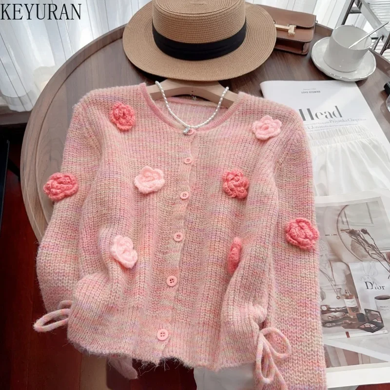 Sweet Three-dimensional Flower Pink Knitted Cardigan Women\'s Autumn Winter O-Neck Long Sleeve Drawstring Design Casual Sweater