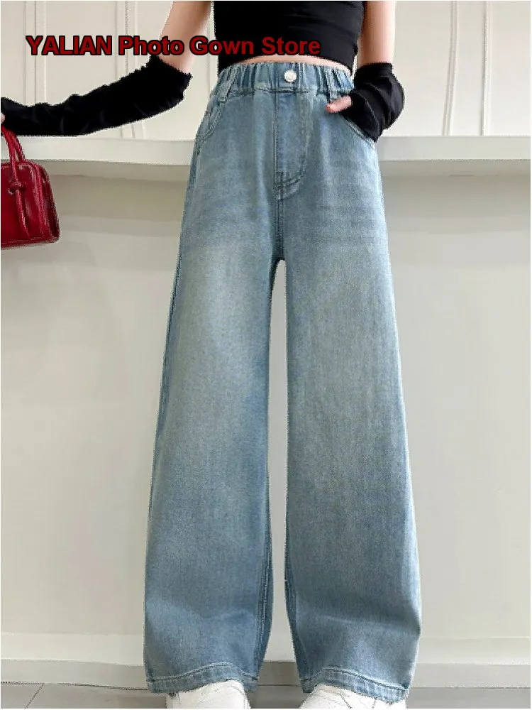 Girls Denim Wide Leg Pants Autumn 2026 Simple Style Solid Color Older Kids