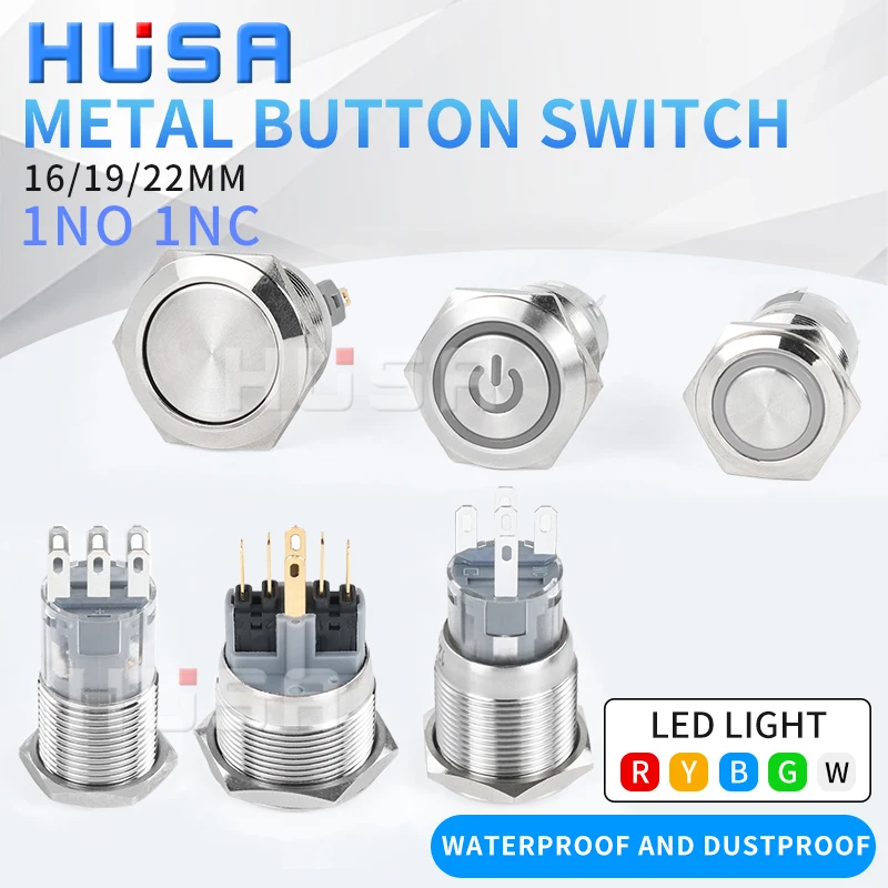 1NO1NC 16/19/22mm Waterproof Metal Push Button Switch LED Light Momentary Car Engine Power Switch 3/6/12/24/220V silver 2NO2NC