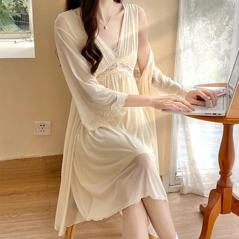 Sexy Mesh Robe Sets Women 2 Piece Pijamas Summer Apricot Purple Robe Night Dress Princess Long Nightgown Lace Peignoir Sleepwear