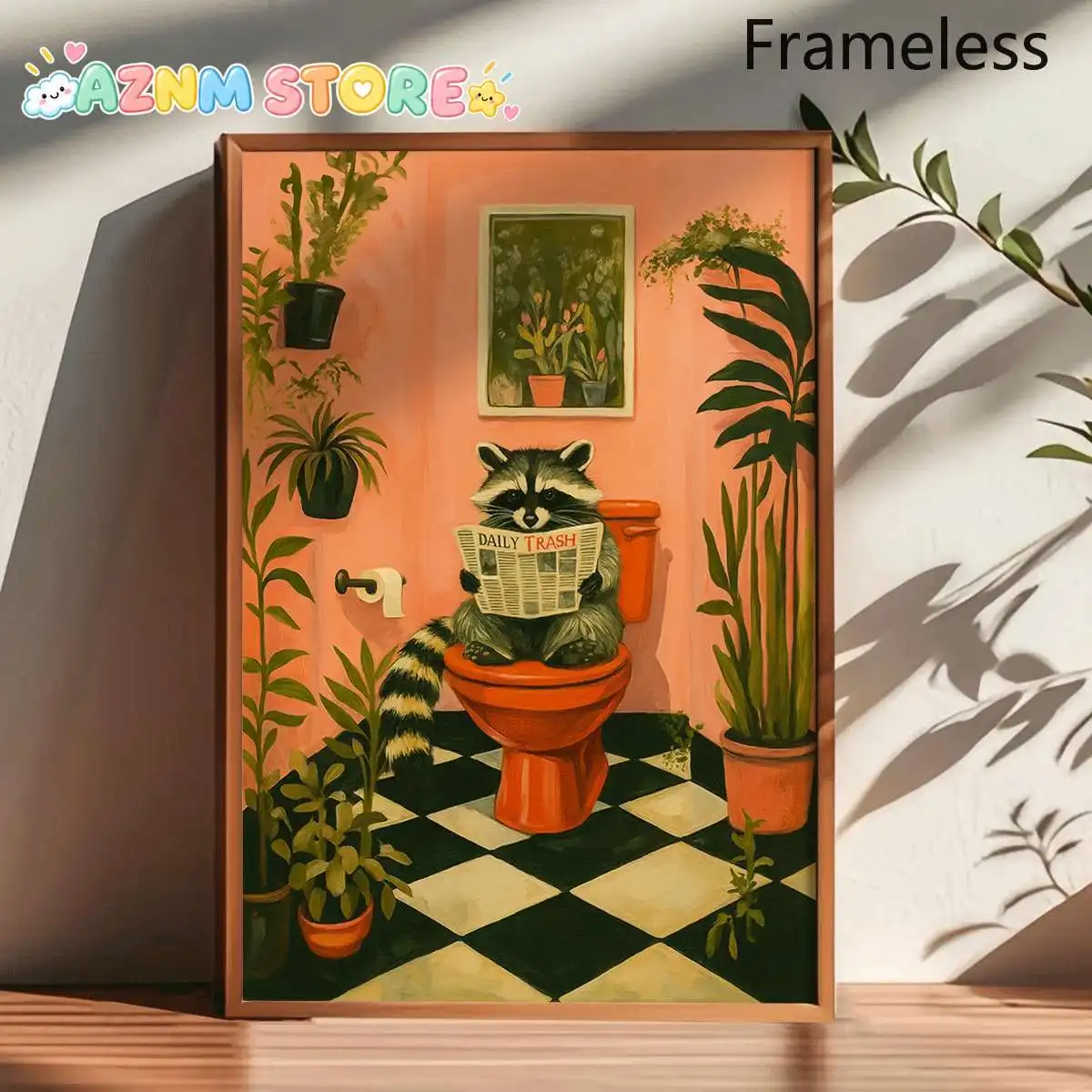 2D Flat 2027   Unframed Canvas Print Featuring a 2D Flat Raccoon Reading a Newspaper While on The Toilet, Perfect for Decorat