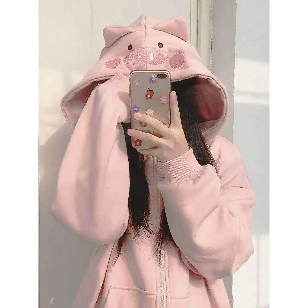 Harajuku Kawaii Pink Zip Up Hoodies Women Korean Fashion Sweet Cute Embroidery Sweatshirt Oversized Girly Lolita Jacket