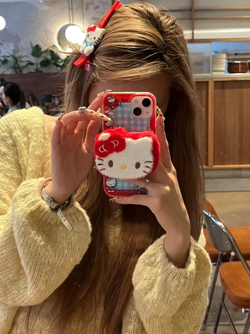 

Kawaii Hello Kitty Sanrio Student Cute Cartoon Plush iPhone Shell Children Mobile Phone Fall Protective Case Gift for Kids