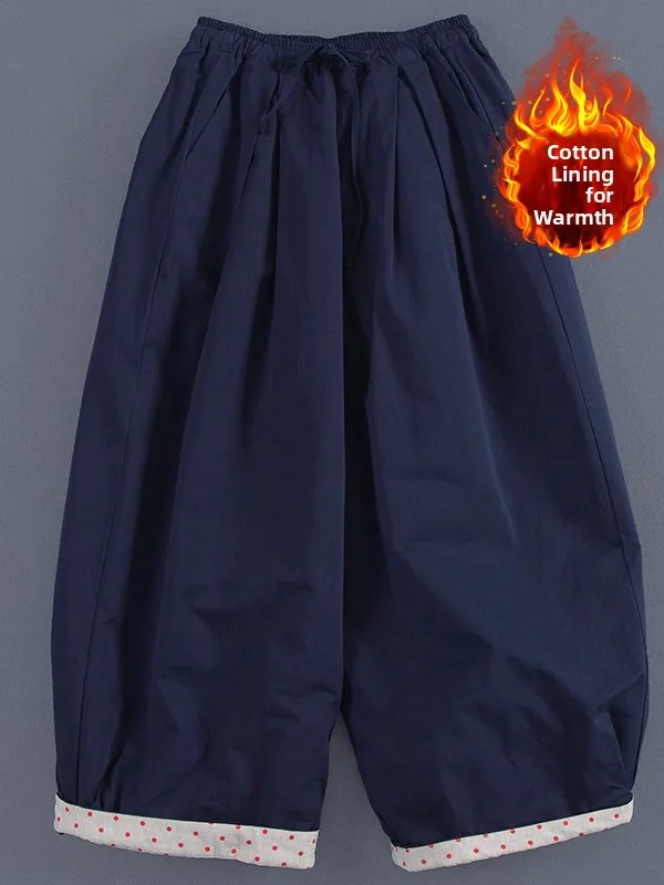 

Autumn Winter Cotton Wide Leg Pants Women's plus Size Elastic Waist Thermal Polka Dot Cuffed Casual Trousers Versatile