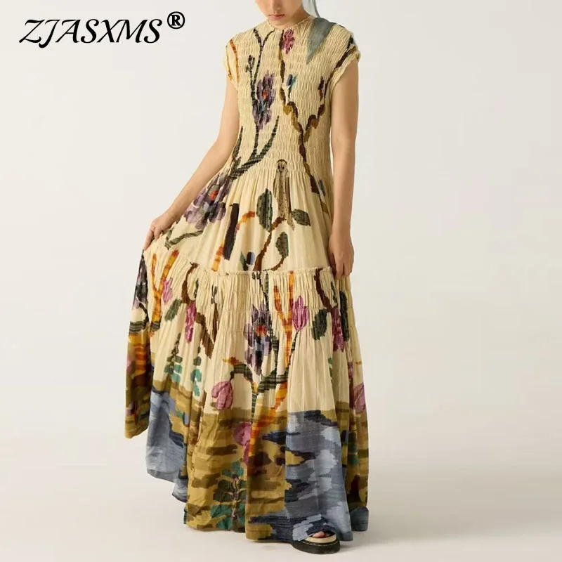 Długa sukienka damska z okrągłym dekoltem i plisowanym dołem, wzór wiosenny 2025, sukienka vintage na przyjęcie, damska sukienka maxi boho z krótkim rękawem i luźnym krojem.