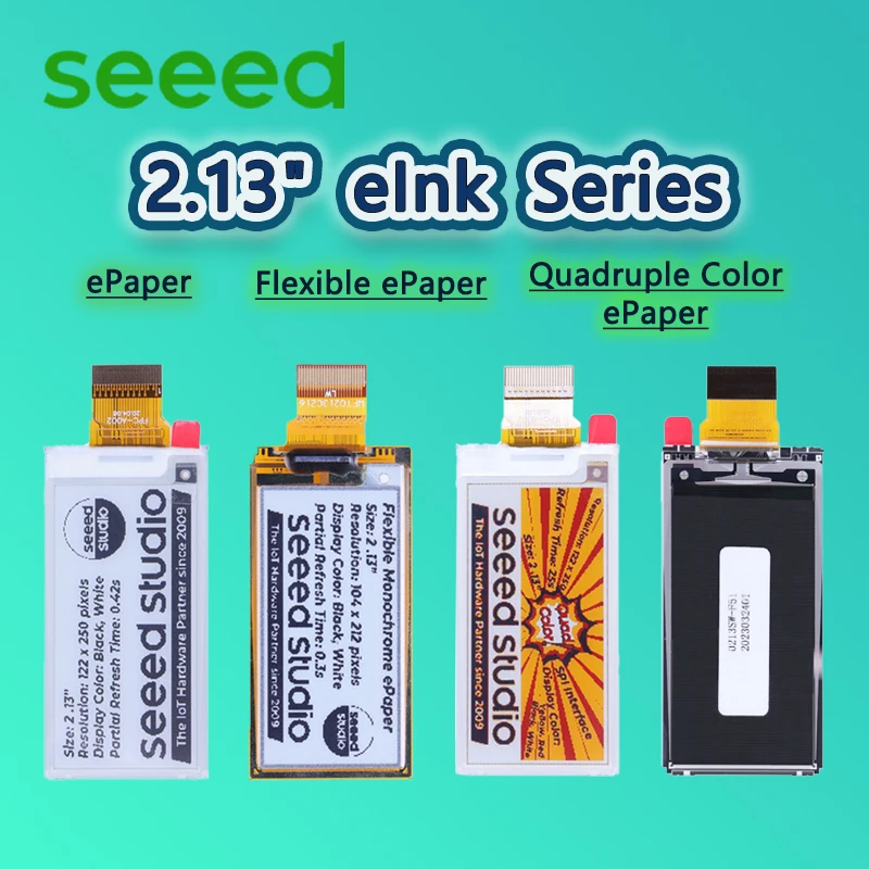 

Seeed 2.13" eInk Series: 2.13" Monochrome /Flexible Monochrome /Quadruple Color eInk, Support XIAO/Arduino/STM32, SPI interface