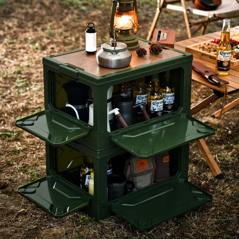 Outdoor camping 5-compartment double-lid folding box, camping wooden lid storage box, car trunk organizer, picnic storage box
