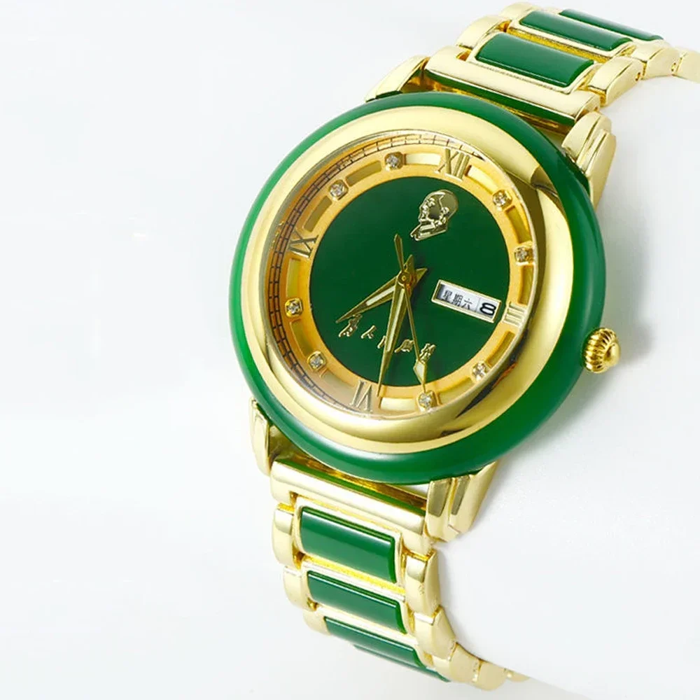 Jade Stone Watch Quartz Wristwatch Clock Male Luxury Gold Green White Gemstone Case Dial Business Men Calendar Vintage Man Reloj