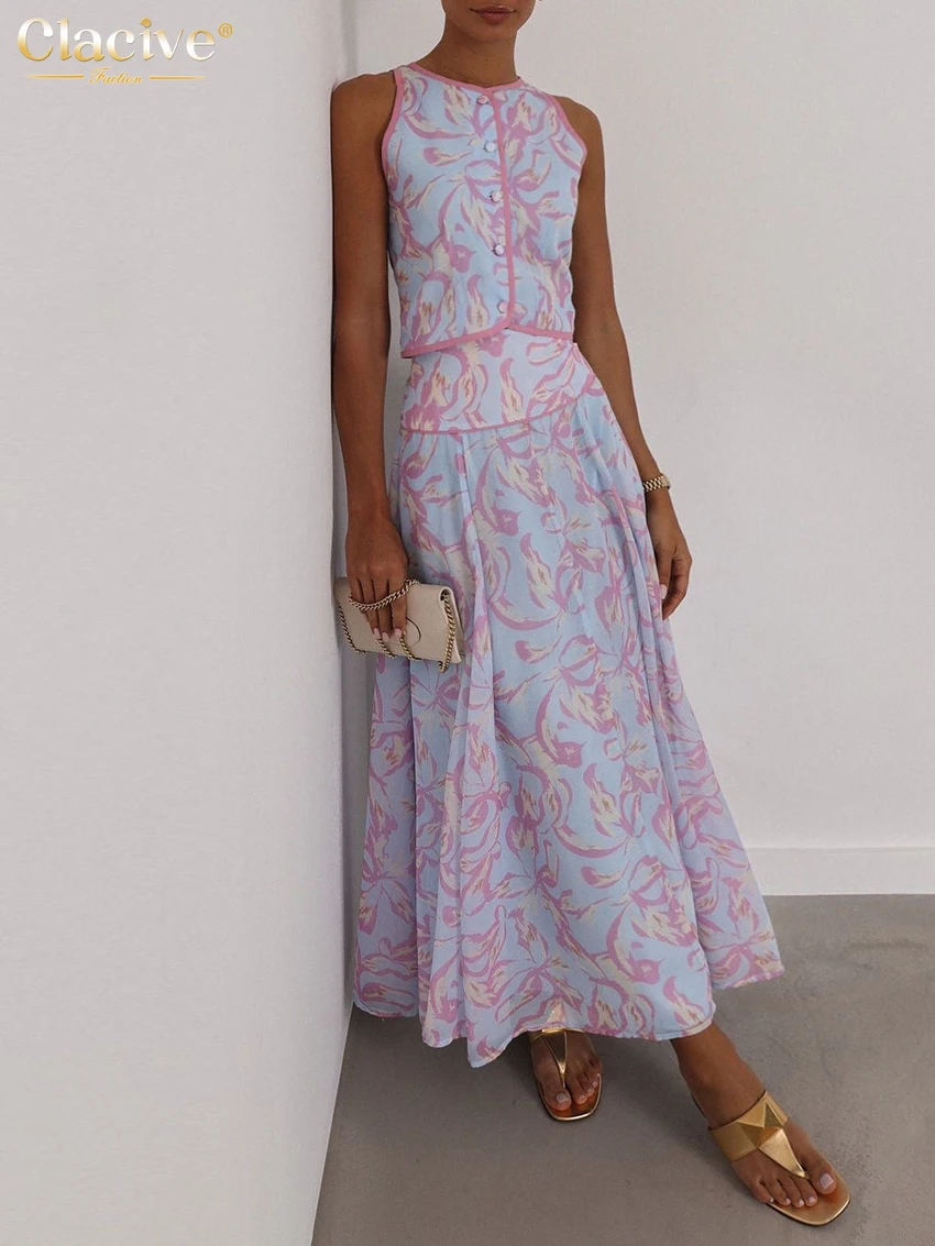 Clacive Summer Loose Print 2 Piece Set Women Fashion Sleeveless Tank Top With High Waist Pleated Long Skirt Set Female Clothing image 3