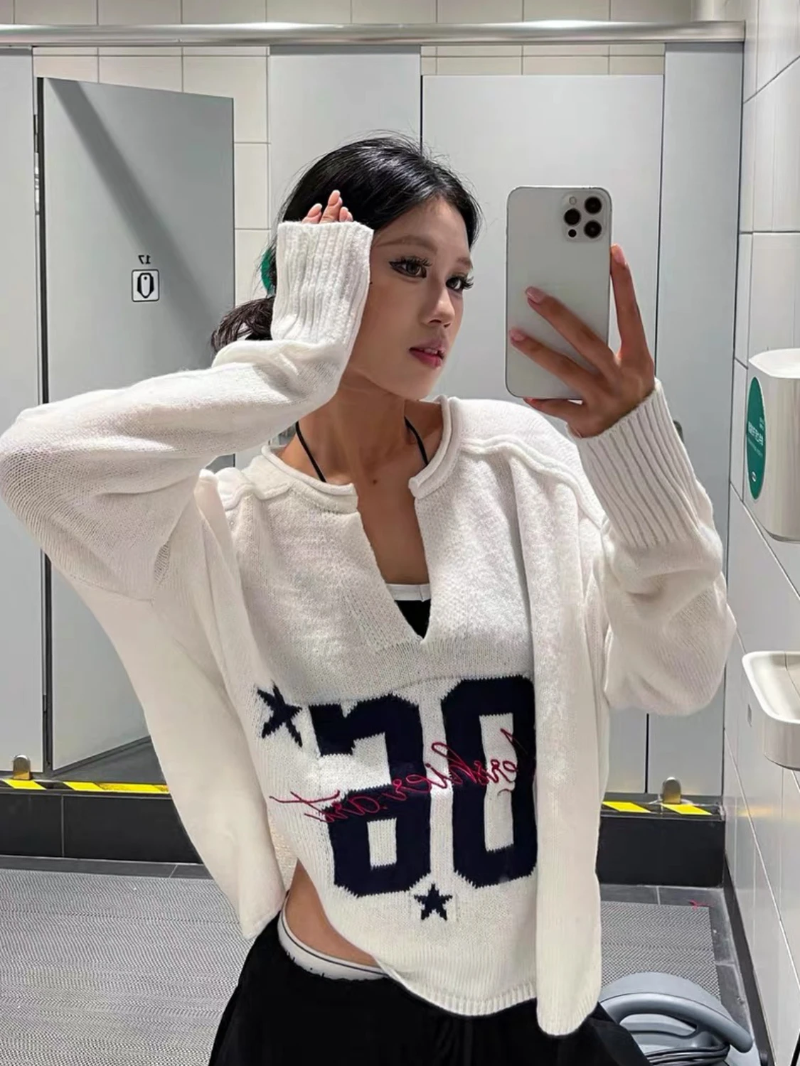 

American Retro Letter Embroidery V-Ne Soft Knitted Sweater Women's Spring Autumn Casual Loose Lazy Sle Top