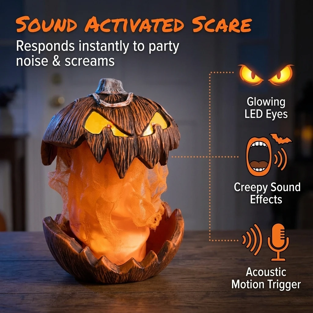 Scary Halloween Pumpkin Head Statue Lifting Sound Activated Light Up Horror Pumpkin Figurine Halloween Party Prop Festival Decor