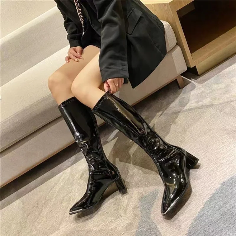 Winter Women Shoes 2022 New Korean Fashion Women Knee Length Boots Solid Patent Leather Boots Personality Square Head High Heels