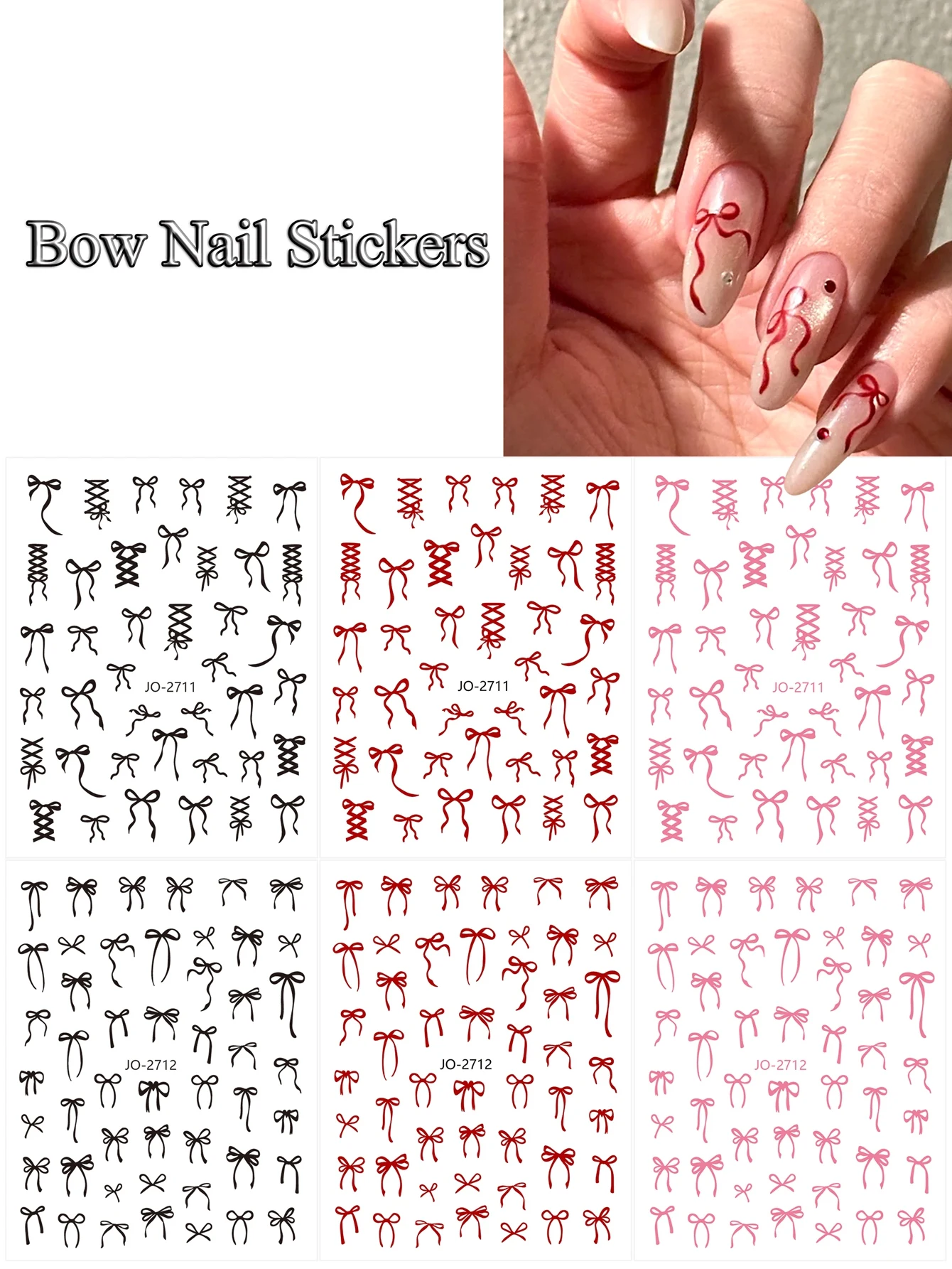 3/6/12 hojas de pegatinas para decoración de uñas con lazo, diseño de cinta bonita, calcomanías autoadhesivas para decoración de manicura DIY