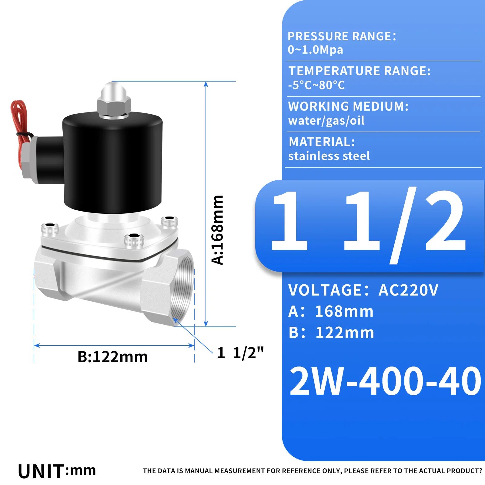 1-1/2 بوصة جسم من الفولاذ المقاوم للصدأ صمام الملف اللولبي الكهربائي مغلق عادة، مياه متوسطة العمل، الهواء، سائل الزيت #3