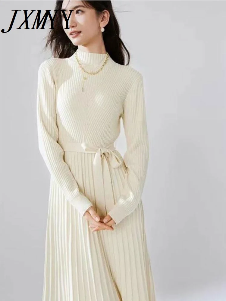 JXMYY-Women\'s White Knit Pleated Skirt, Elegant Temperament Dress, Waist Shoulder, Half High Neck, Winter Fashion, New, 2024