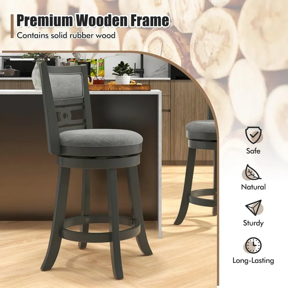 Bar Stools Set of 4, 26” Upholstered Counter Height Bar Chair with Wooden Frame, Swivel Seat & Footrest, Vintage Kitchen