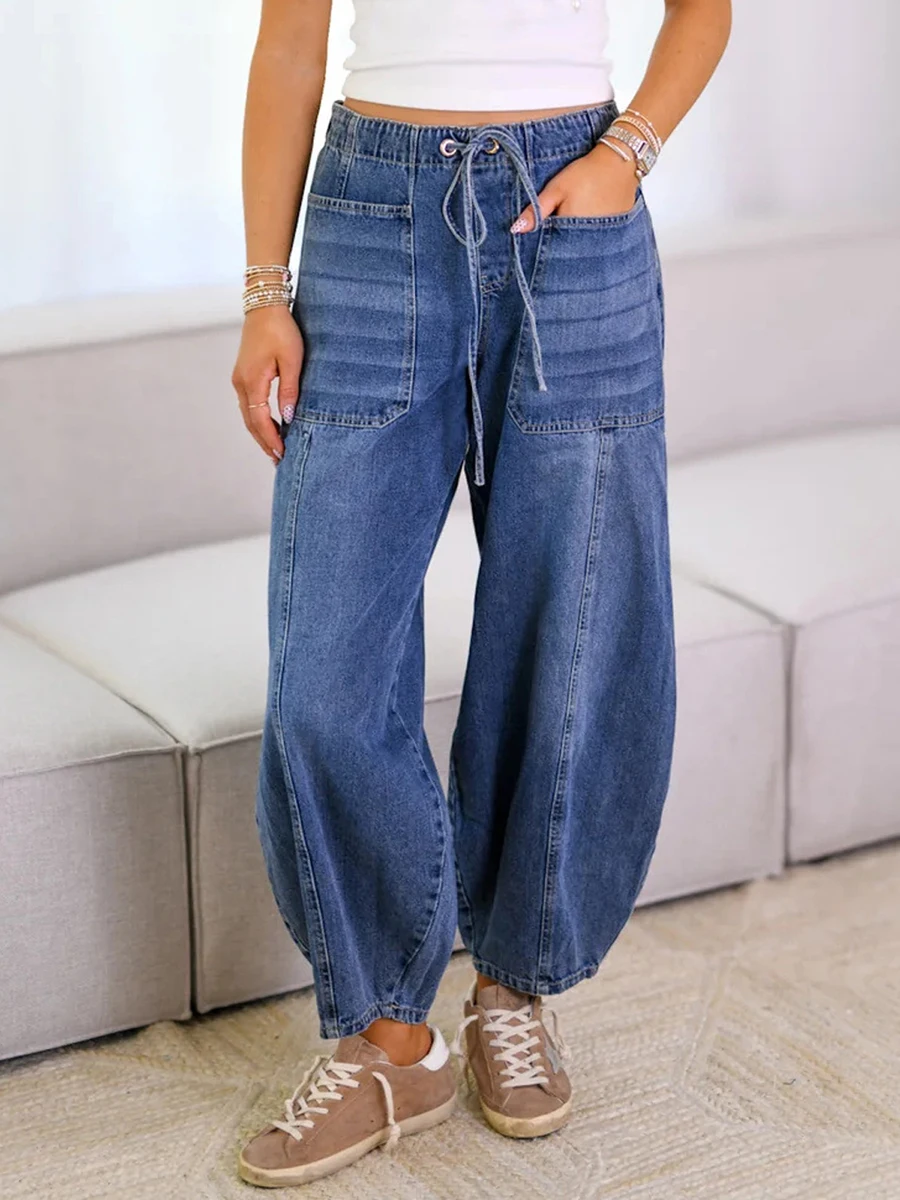 

Women Jeans Elastic Waist Tie-up Solid Loose Trousers Streetwear with Pockets for Daily