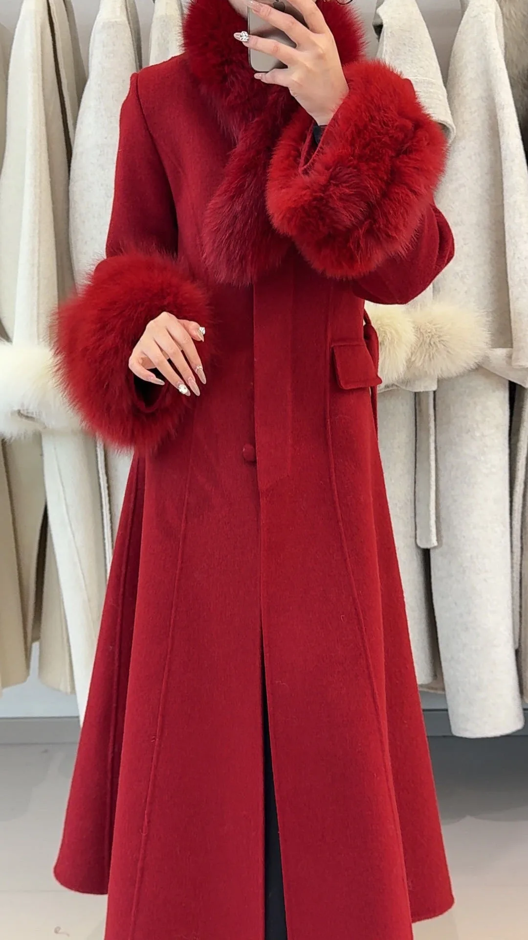 OFTBUY Damen-Wintermantel, warm, luxuriös, aus Wolle, mit Gürtel, langer Wollmantel mit echtem Fuchspelzkragen, schmal geschnitten, einfarbig, Oberbekleidung. – Detail 9