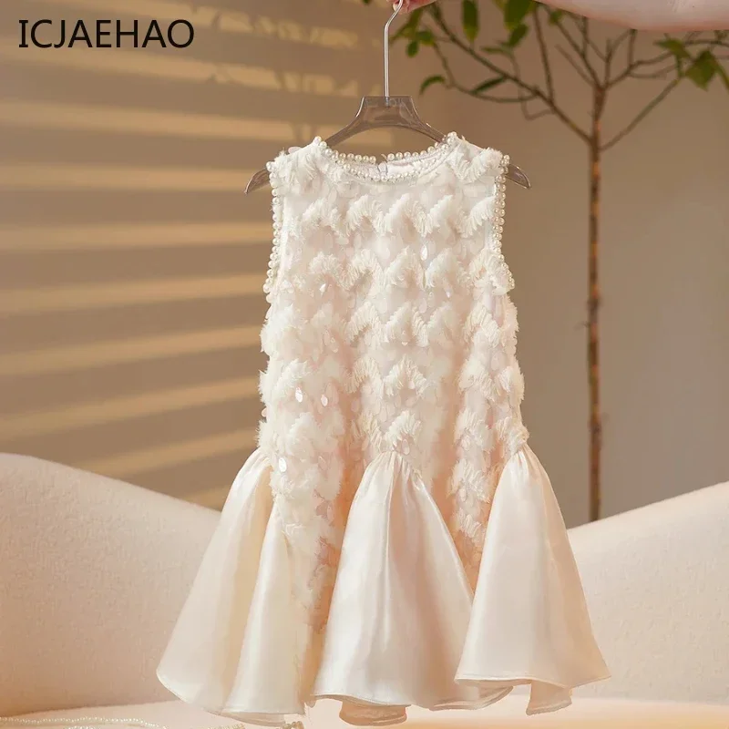 2025 New Elegant Sparkly Sequin Girls Dress Pearl Sleeveless Gown Party Dress for Kid Outfits Clothes Champagne Birthday Wedding