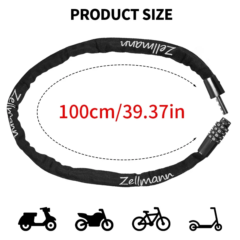 Zdjęcie 4: ZELLMANN Rowerowa blokada na hasło, łańcuch zabezpieczający przed kradzieżą, blokada łańcucha rowerowego ze stopu cynku, do rowerów górskich i szosowych, do rowerów elektrycznych, części rowerowe