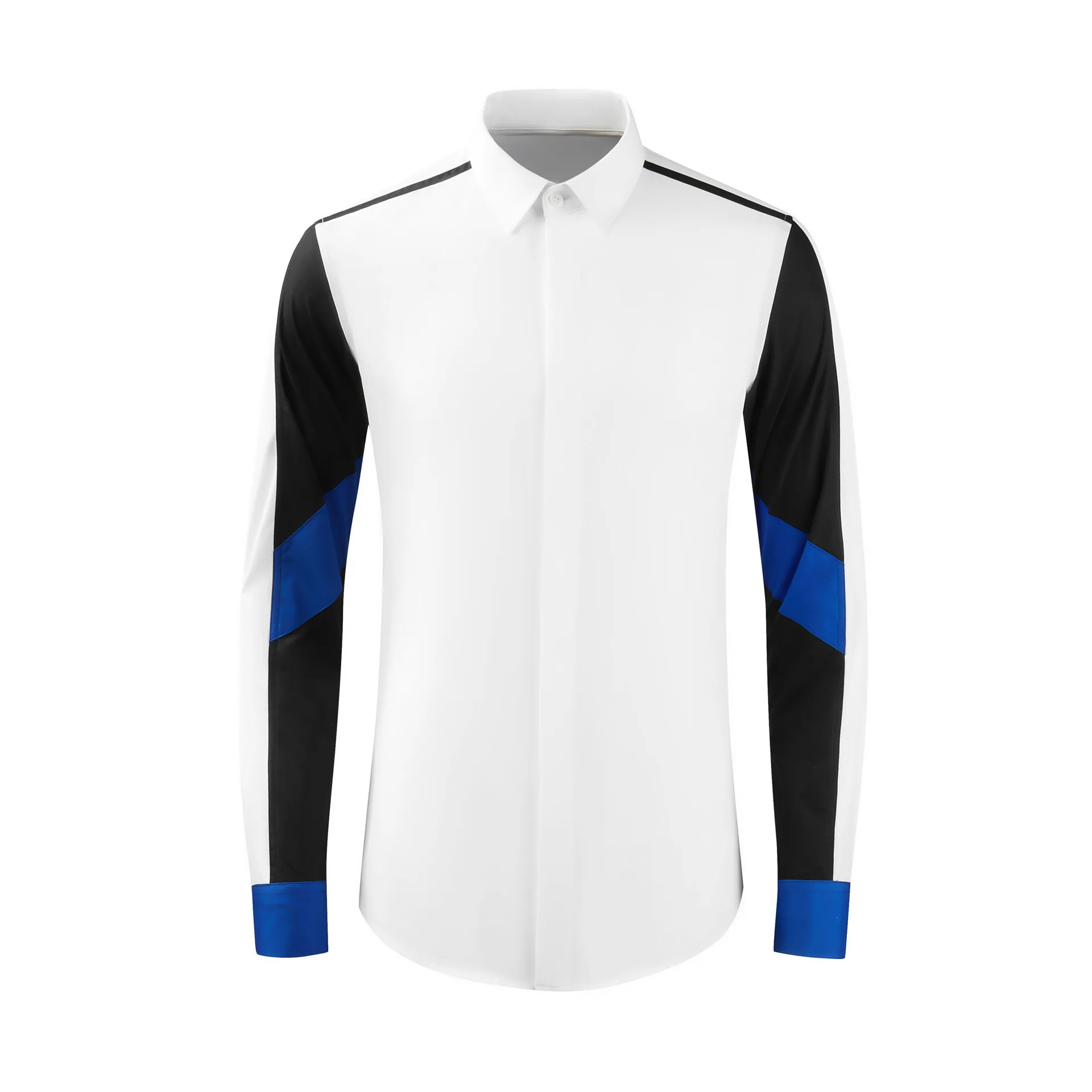 New Blue and White Sleeves Contrast Color Splicing Fashion Men's Slim Fit Shirt High Weaving Density Cotton Spin