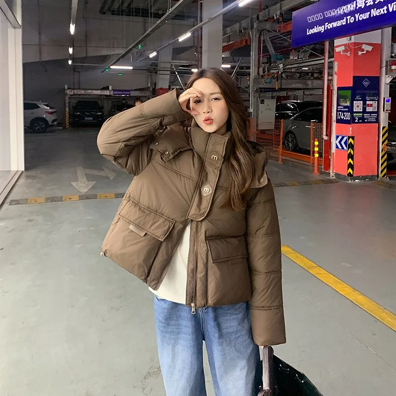 女性用ルーズコットンジャケットコート学生用冬用ピュアカラーフード付きダウンプルーフジッパー開閉式またはスレポリエステル繊維