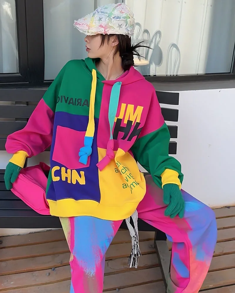 Contrasting Color Splicing Graffiti Hooded Coat and Sweatpants Two-piece Sets Women Outfits Fashion Loose Casual Sports Suit