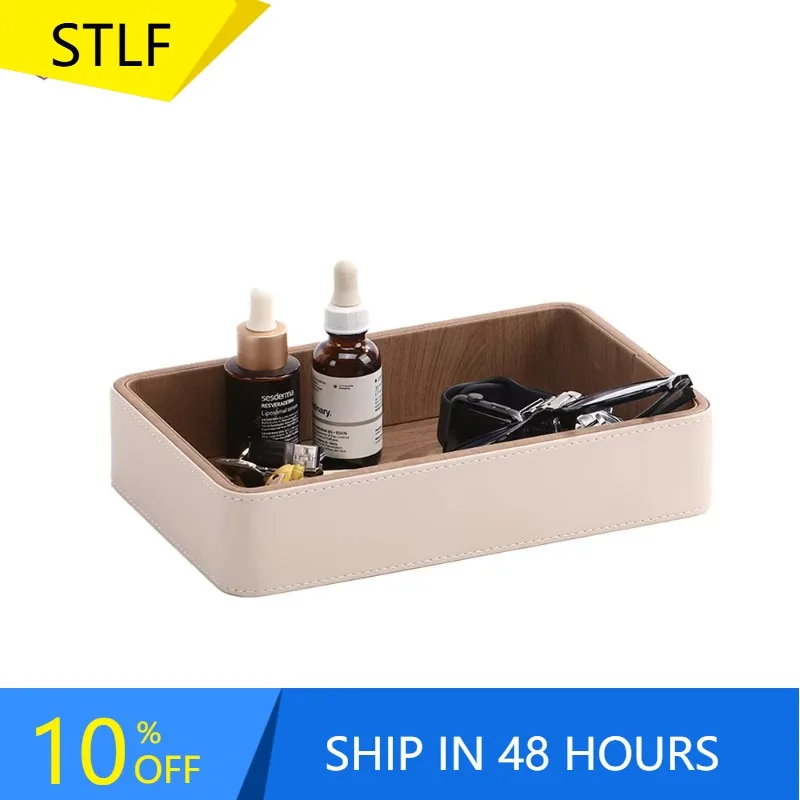 XMSJ Faux Leather Small Vanity Tray Holder Elegant Desktop Storage Organizer Decorative Catchall Perfume Tray Bathroom Valet Tra
