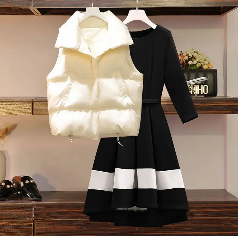 

Women' Autumn Winter Cotton Coat Vest Dress 1 or 2 Piece Set New Lady Fashion Black Tank Jacket Patchwork Dress Outfits