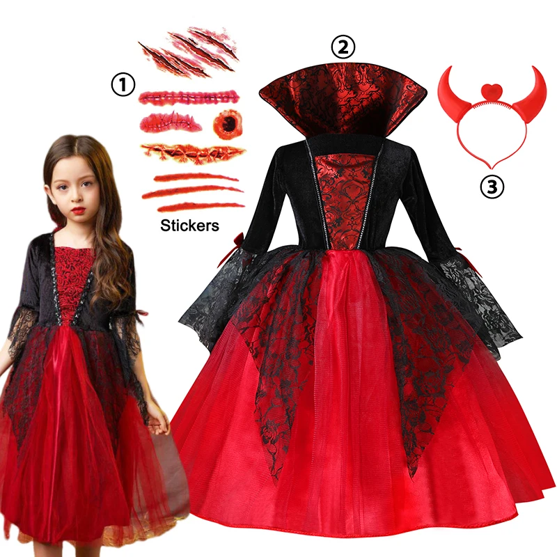 The Middle Age Gothic Vampire Girls Dress Halloween Vintage Upper Class Role Play Costume Child Nostalgic Style Princess Frocks