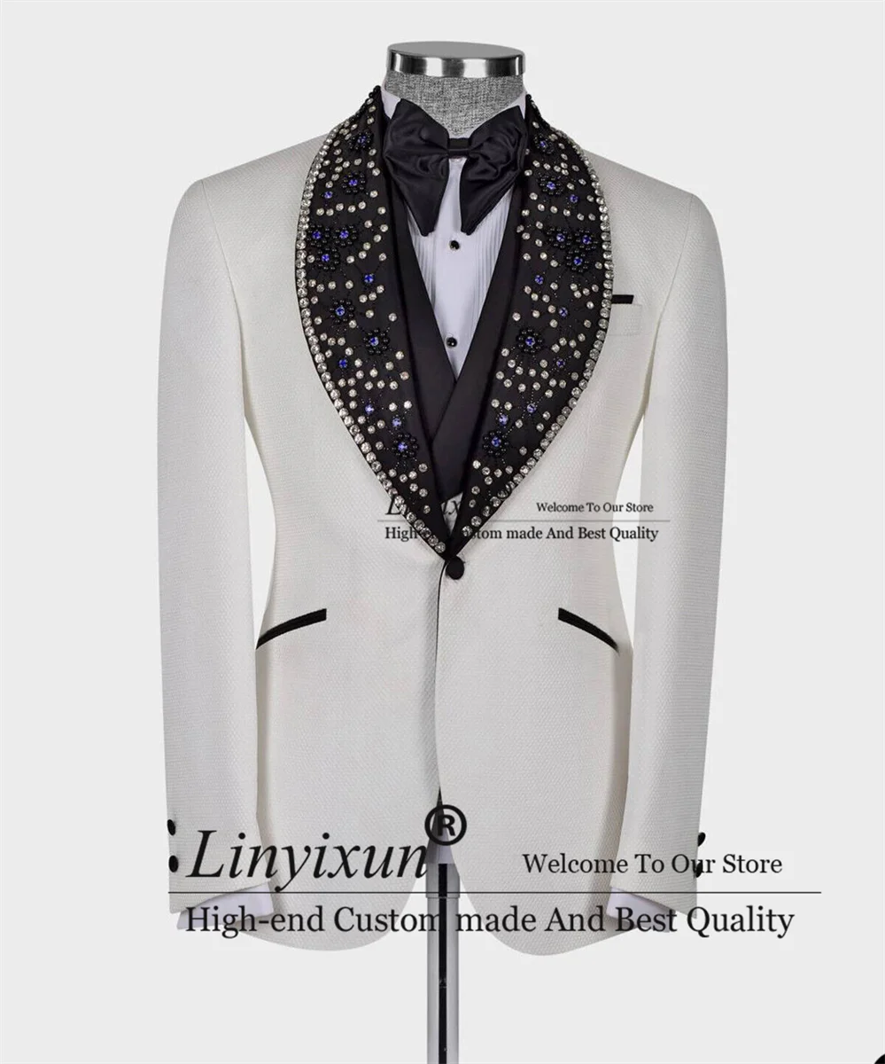 Luxury Bead Crystals Mens Suits Groom Wedding Tuxedos 3 Pieces Sets Bridegroom Prom Blazers Customized Terno Masculinos Completo