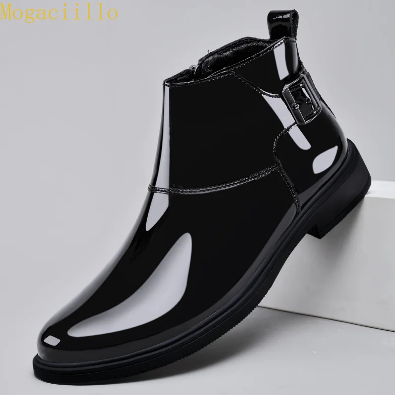 Brand Men's Black Gloss Patent Leather Ankle Boots High Quality Buckle Decor Chelsea Boots Genuine Leather Business Casual Shoes - view 5
