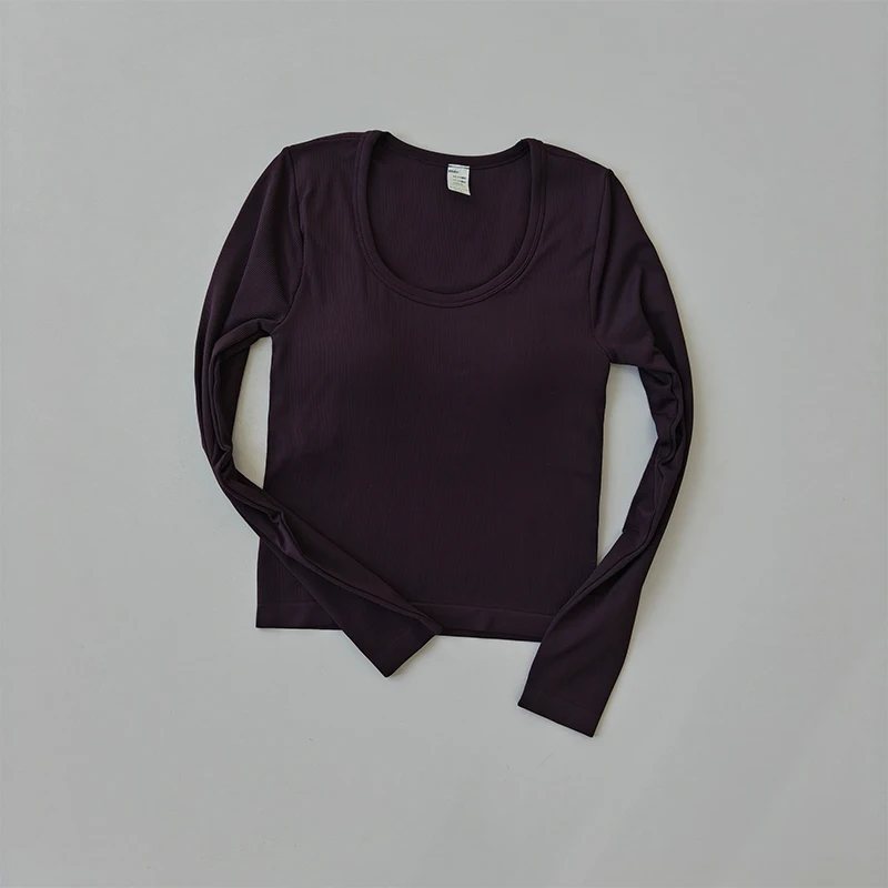 Yoga-Bekleidung T-Shirt Damen U-Ausschnitt Brustpolster Schlankmachendes Sport-Top Langärmeliges Stretch-Oberteil Pilates Fitness-Bekleidung – Detail 7