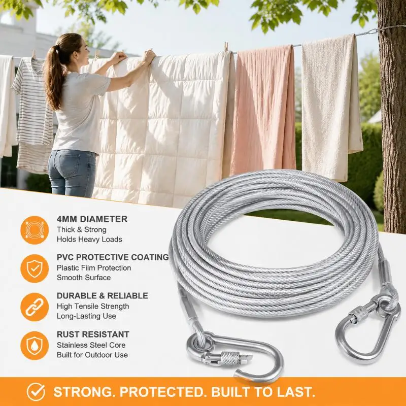 Clothesline Wire Rope Sling  5m Long With Metal Buckle Anti-Rust Steel Wire Rope For Drying Clothes For Outdoor And Indoor Use