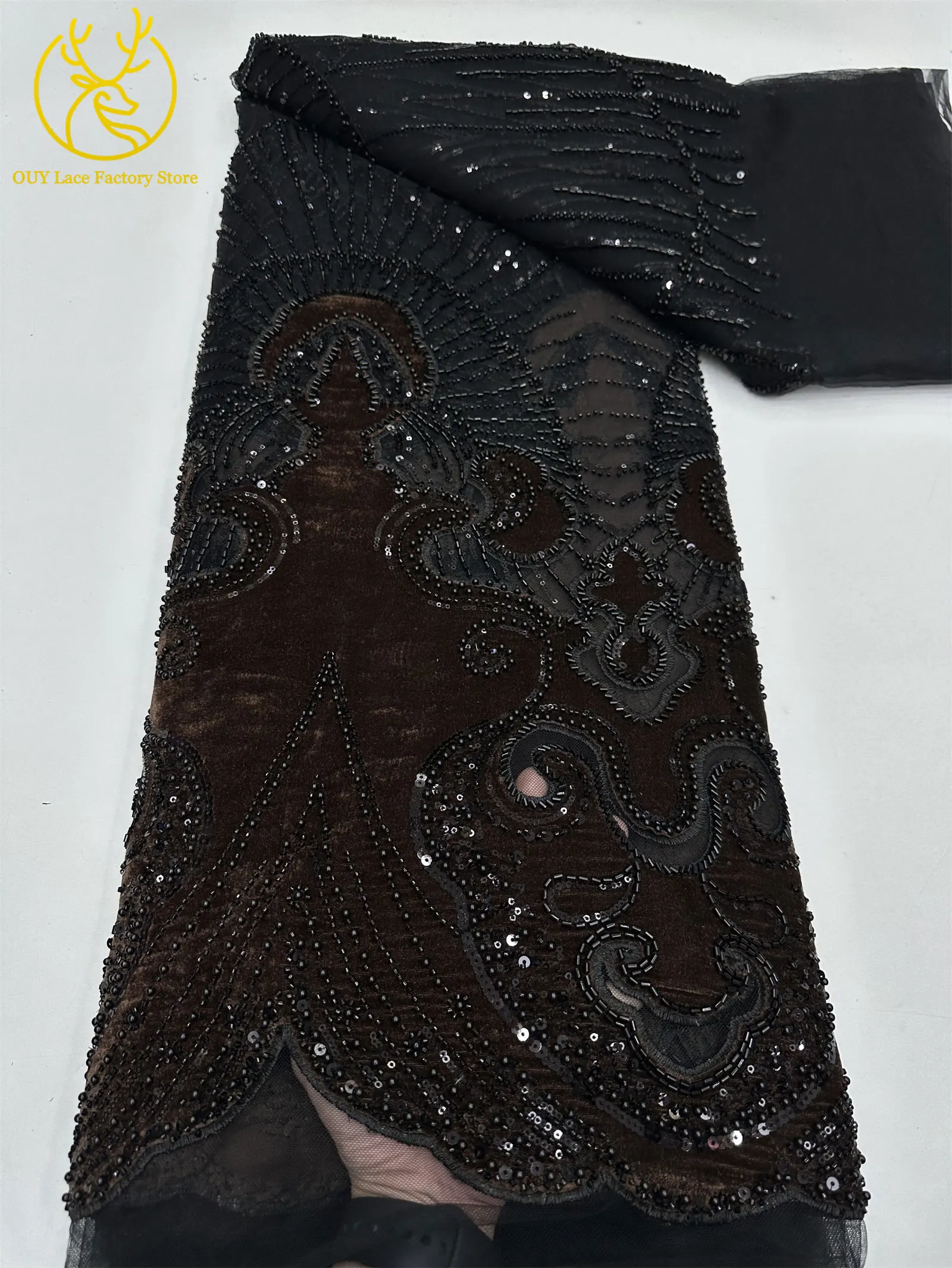 Luxuriöser afrikanischer Samtstoff mit goldenen Perlen und Pailletten, 5 Yards, weinrot, bestickter französischer Tüll für Damen-Partykleider – Detail 22