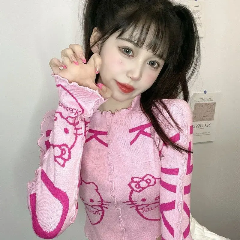 Hellokitty Y2K Hot Girl Short Sweater Kawaii Sanrio Autumn Winter Outdoor Anime Cartoon Embroidery Midriff-Baring Cute Girl Top